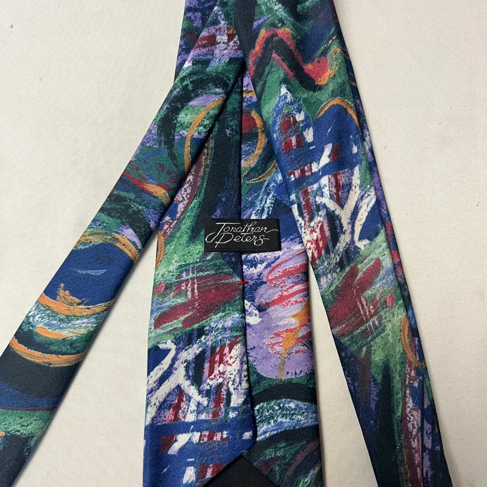Jonathan Peters Abstract Wearable Eclectic Art Tie Green Blue Purple Red Necktie